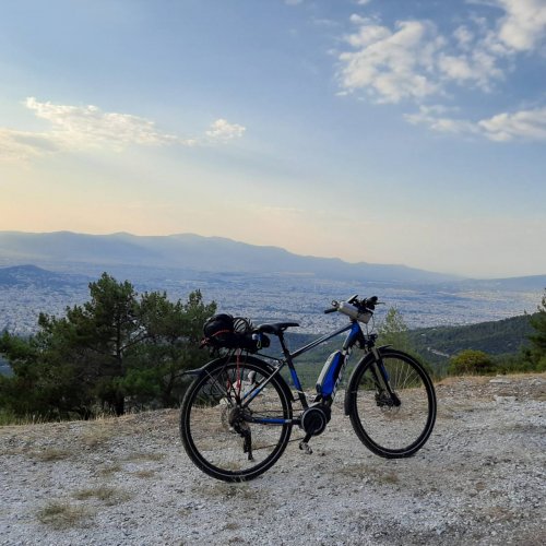 Hymettus Mountain on e-bike. Cycling over the city