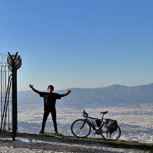 Hymettus Mountain on e-bike. Cycling over the city