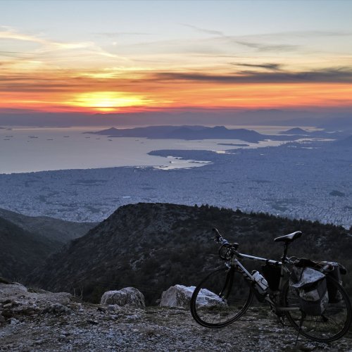 Hymettus Mountain on e-bike. Cycling over the city