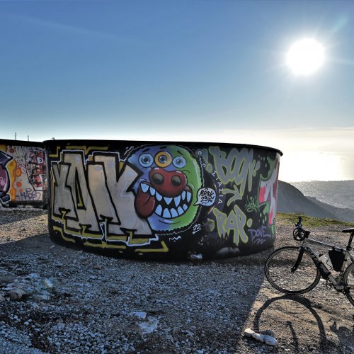 Hymettus Mountain on e-bike. Cycling over the city