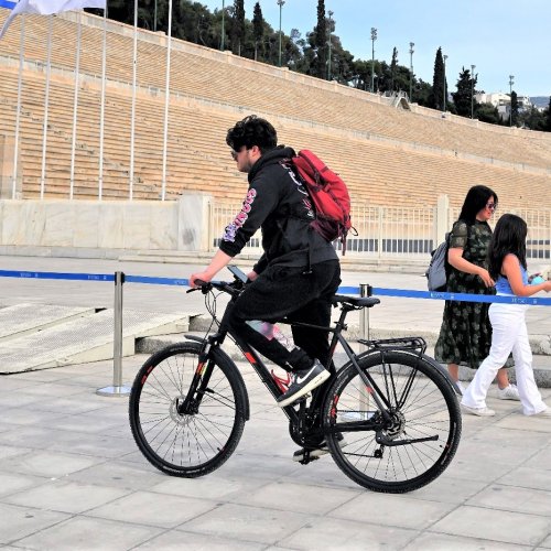 Hymettus Mountain on e-bike. Cycling over the city