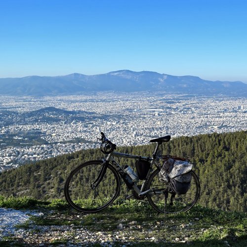 Hymettus Mountain on e-bike. Cycling over the city