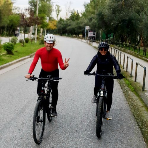 Hymettus Mountain on e-bike. Cycling over the city
