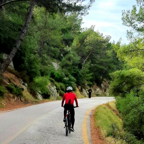 Hymettus Mountain on e-bike. Cycling over the city